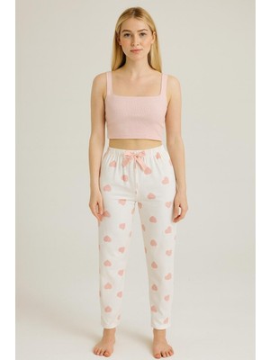 Kadın Kalp Desenli Tek Alt Beyaz-Pembe