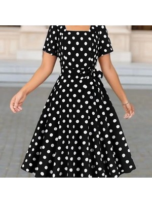 Kadın Kısa Kollu Geometrik Yaka Puantiyeli Kiloş Midi Süprem Elbise