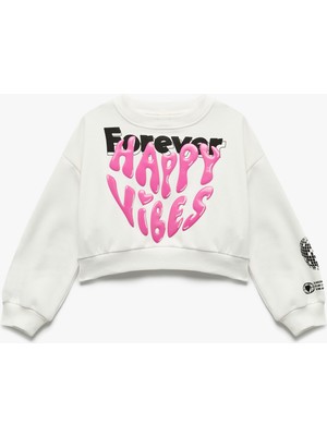 Şardonlu Uzun Kollu Bisiklet Yaka Baskılı Sweatshirt