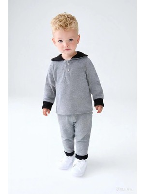 Luess Erkek Çocuk Kapüşonlu Düğme Detaylı Mevsimlik Alt Üst Takım -Gri (3-4 Yaş 8-9 Yaş)