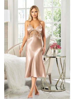 Faal 2607 Kadın Dantel Detaylı Saten Ip Askılı Uzun Gecelik Sabahlık Takım-Vizon