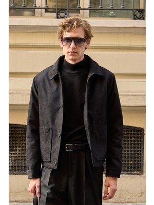 Erkek Süet Kapitoneli Mont Ceket Siyah