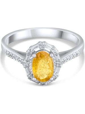 1.04 Karat Baget Pırlanta Sarı Safir Yüzük, Gerçek Pırlanta, Sertifikalı Mücevher