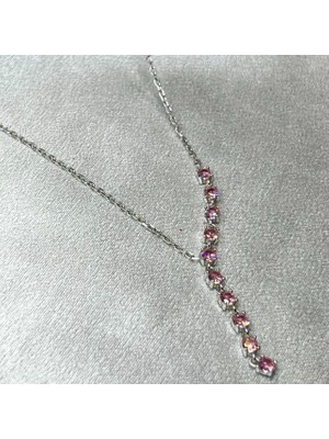 Pembe Zirkon Taşlı Kadın Kolyesi 925 Ayar Gümüş Zincirli Rodyumlu