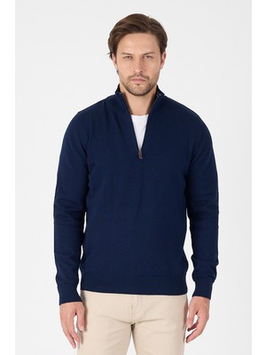 Hateko Lacivert Pamuk Yarım Fermuarlı Dik Yaka Triko Kazak
