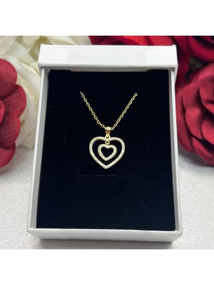 Zirkon Taşlı Iç Içe Kalp Kadın Kolyesi 925 Ayar Gümüş Zincirli Altın Kaplam