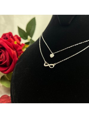 Kalp ve Sonsuzluk Ikili Kadın Kolyesi 925 Ayar Gümüş Rodyumlu Zirkon Taşlı
