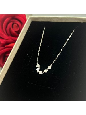 Beş Kalpli Kadın Kolyesi 925 Ayar Gümüş Zincirli Rodyumlu  Zirkon Taşlı