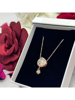 Gökkuşağı ve Mineli Çiçek Sallantılı Kadın Kolyesi 925 Ayar Gümüş Zincirli Rose Gold Kaplama Zirkon Taşlı