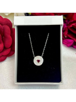 Kalp Kadın Kolye 925 Ayar Gümüş Rodyumlu Kırmızı ve Beyaz Zirkon Taşlı