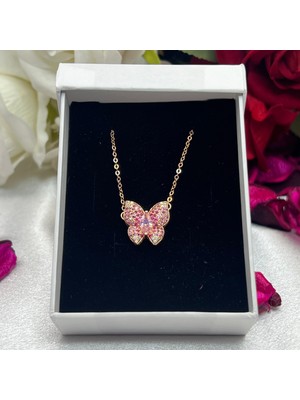 Pembe Zirkon Taşlı Kelebek Kadın Kolyesi 925 Ayar Gümüş Zincirli Rose Kaplama