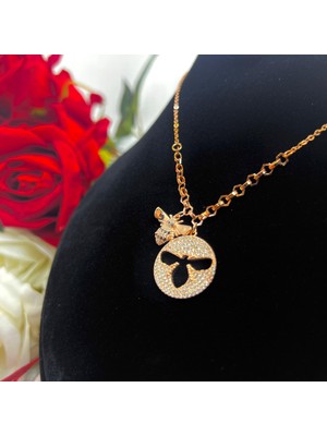 Arı Figürlü Kadın Kolye 925 Ayar Gümüş Rose Kaplama Zirkon Taşlı
