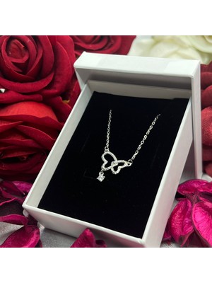 Tektaş Sallantılı Kelebek Kadın Kolyesi 925 Ayar Gümüş Zincirli Rodyumlu Zirkon Taşlı
