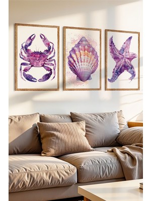 3 Parça Deniz Canlıları Temalı Ahşap Çerçeve Görünümlü Mdf Tablo Seti