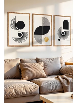 3 Parça Geoetrik Minimalizm Temalı Ahşap Çerçeve Görünümlü Mdf Tablo Seti