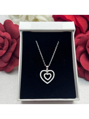 Zirkon Taşlı Iç Içe Kalp Kadın Kolyesi 925 Ayar Gümüş Zincirli Rodyumlu
