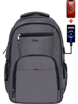 Unisex  Gri Okul Sırt Çantası Orta Boy USB Type-C Laptop Bölmeli Su Geçirmez Kumaş Lise Üniversite