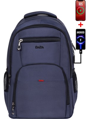 Unisex Lacivert Okul Sırt Çantası Orta Boy USB Type-C Laptop Bölmeli Su Geçirmez Kumaş Lise Üniversite