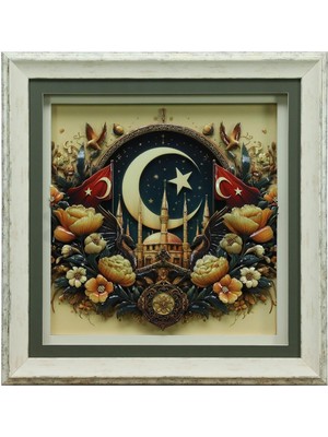 E38 El Işçiliği Ay Yıldız  Kağıt Rölyef Tablo 68X66 cm - 6336
