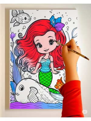 Dudu Ahşap 25 x 35 cm Resimli Tuval Çocuk Boyama Seti Deniz Kızı Resimli 6 Renk Akrilik Boya ve 2 Fırça Adet Fırça