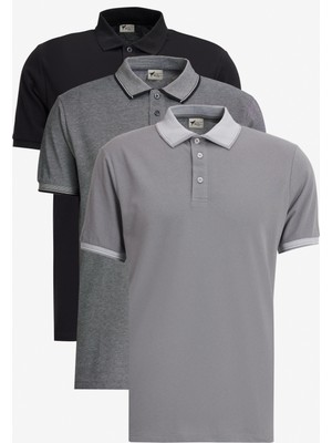 Altınyıldız Classics Erkek Siyah-Açık Siyah-Gri 3'lü Çekmeyen Pamuklu Slim Fit Dar Kesim Kıvrılmaz Polo Yaka Tişört