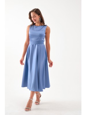 Kadın Indigo Kalın Askılı Kemerli Midi Abiye Elbise