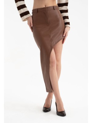 Hiccup Kadın Sunİ Deri Yüksek Bel Yırtmaçlı Maxi Etek Kahve Kahvesi