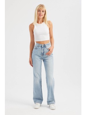 Hiccup Kadınlar Yüksek Bel Straight Kot Pantolon Açık Mavi Denim
