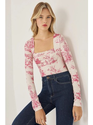 Hiccup Kadınlar Büzgü Detaylı  Desenli Üst Neon Pembe