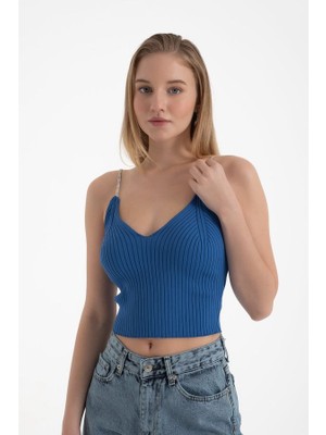 Hiccup Kadınlar Scoop Yaka Elmas Askılı Bluz Fas Mavisi