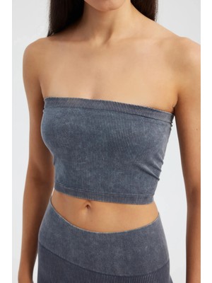 Hiccup Kadın Asit Yıkanmış Straplez Nervürlü Crop Top Arduvaz Grisi