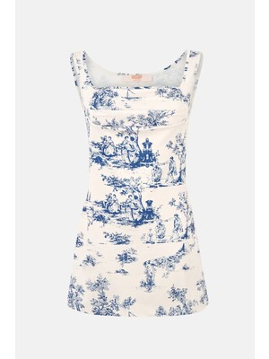 Hiccup Kadın Kolsuz Baskılı Mini Elbise Peygamber Çiçeği Mavisi