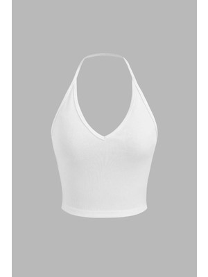 Hiccup Kadın Halter Yaka Jersey Crop Top Tozlu Beyaz