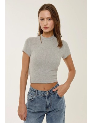 Hiccup Kadın Slim Fit Triko Crop Bluz Gri