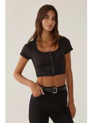 Hiccup Kadınlar Düğmeli Havuz Yaka Crop Top Siyah