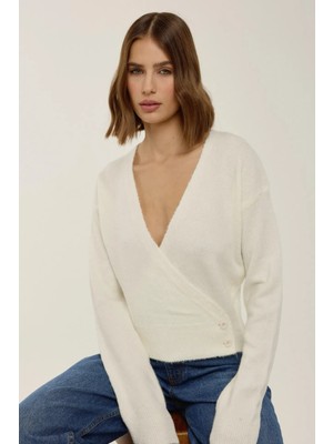 Hiccup Kadın V Yaka Düğmeli Kruvaze Triko Kazak Natural