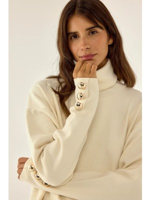 Hiccup Kadın Altın Düğme Detaylı Kalın Krem Kazak Natural