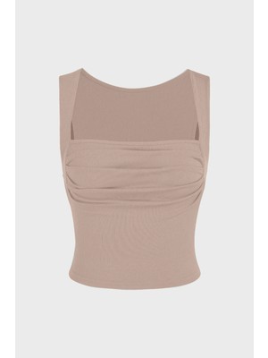 Hiccup Kadınlar Drape Kare Yaka Bluz Kahverengi