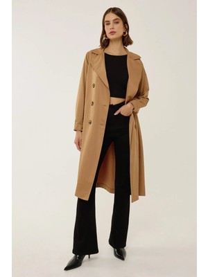 Hiccup Kadın Kemerli Düğmeli Trençkot Deve Kahvesi