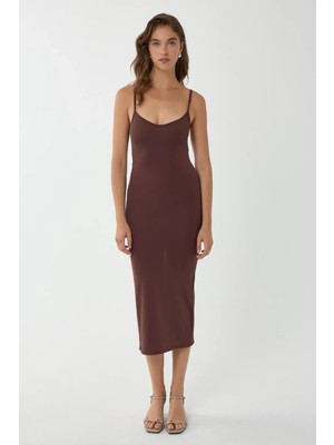 Hiccup Kadınlar İnce Askılı V Yaka Bodycon Midi Elbise Kestane Kahvesi