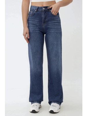 Hiccup Kadın Yüksek Bel Straight Kot Pantolon Orta Mavi Denim