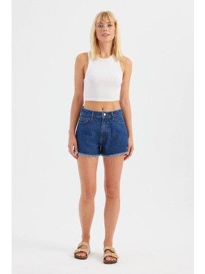 Hiccup Kadınlar Koyu Renk Yüksek Bel Denim Şort Koyu Mavi Denim
