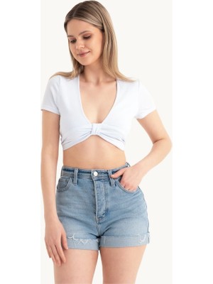 Hiccup Kadın Derin V Yaka Önü Bağlamalı Kısa Kollu Crop Top Beyaz