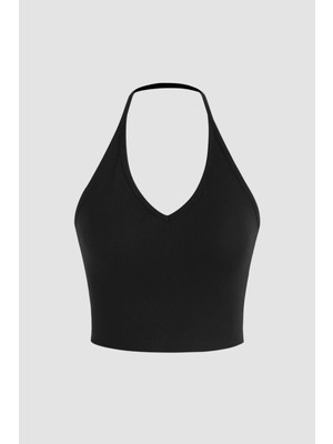 Hiccup Kadınlar Halter Yaka Jersey Crop Top Siyah