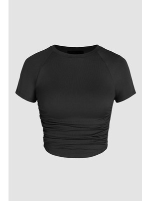 Hiccup Kadın Büzgü Detaylı Crop Top Siyah