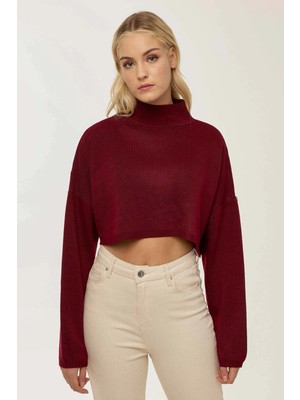 Hiccup Kadın Yüksek Yakalı Crop Kazak Bordo Kırmızı