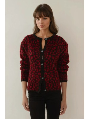 Hiccup Kadın Relaxed Fit Leopar Desenli Triko Hırka Bordo Kırmızı
