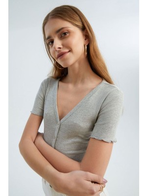 Hiccup Kadın Dokulu V Yaka Kısa Kollu Üst Gri
