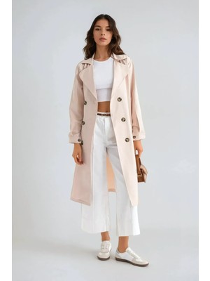 Hiccup Kadın Kemerli Düğmeli Trençkot Fildişi Doğal