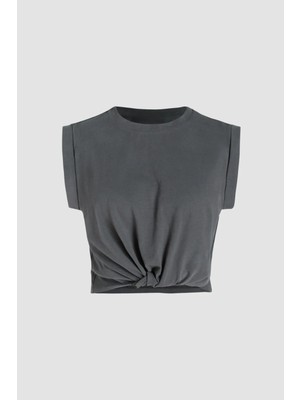 Hiccup Kadın Basic Yuvarlak Yaka Kısa Tişört Gri